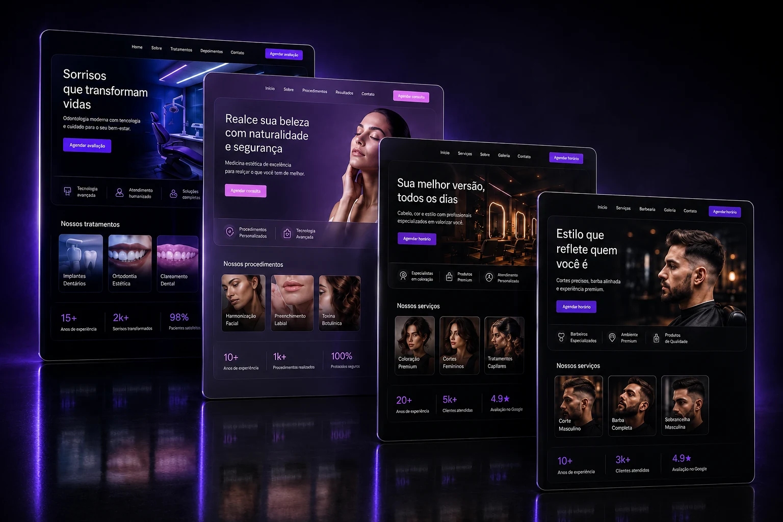 Exemplos de landing pages criadas pela Eneven Tech para diferentes negócios: clínica odontológica, estética, salão e barbearia.